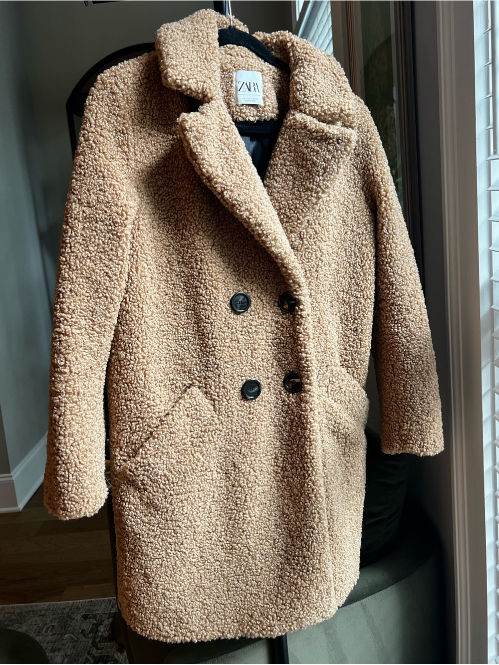 Zara Men's Tan Teddy Coat - Double-Breasted Sherpa Jacket